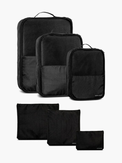 Worldpack packpåseset med 3 packningskuber och 3 platta packpåsar i svart